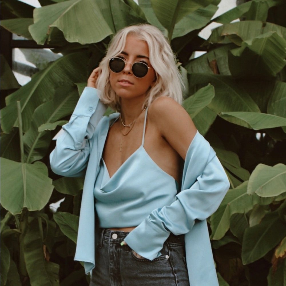 Blue satin cropped cowl neck tank and blue blouse button down - 12th Tribe